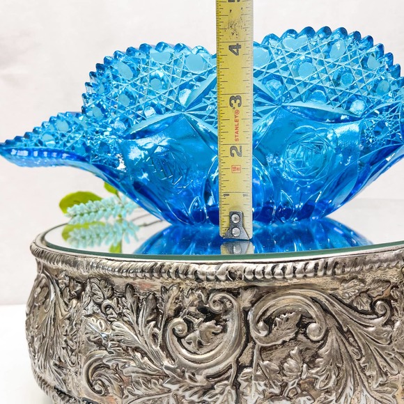 Vintage Kemble Glass Blue Pressed Glass Bowl Boat Sawtooth Edge Rose Motif EAPG - Picture 5 of 6